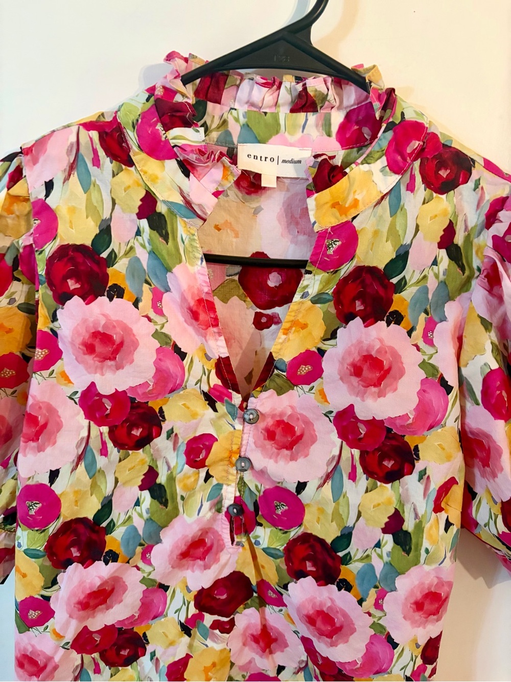 entro Bright Floral Ruffled V-Neck Blouse in Pink and Yellow - Picture 1 of 5